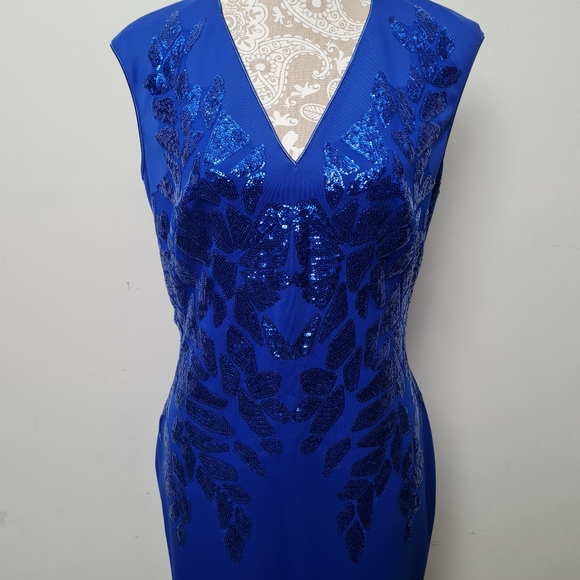 Tadashi Shoji Sequin Capsleeves Neoprene Shift Dress Royal Blue Women's Size L - Picture 3 of 16